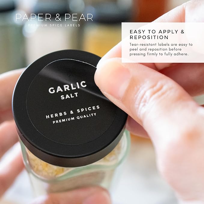 Modern Style Round Black Spice Labels Stickers Preprinted Waterproof by Paper & Pear - Oil Resistant Kitchen Pantry Labels for Home Improvement - 1.35 Inches Pantry Stickers - Set of 80 (No Jars)