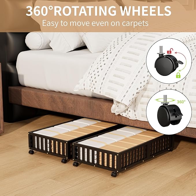 Bamboo Under Bed Storage with Wheels,Rolling Underbed Shoe Organizer Box for Shoes,Blankets,Toys,Clothes Container Space-Saving Bins for Bedroom,Closet,Dorm,Nursery