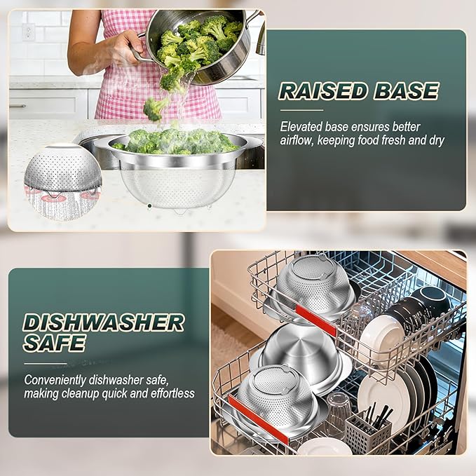 Stainless Steel Colanders with Mixing Bowl - 3.0QT & 2.0QT Strainer and Colander with Handle, 3.5QT Nesting Kitchen Bowl with Colander For Pasta, Vegetables, Fruit, Rice