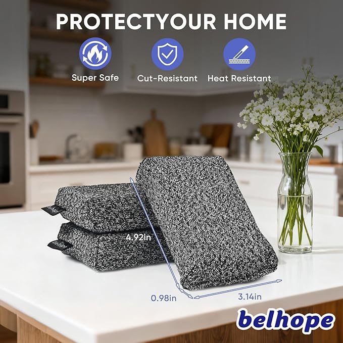 Belhope Heavy Duty Kitchen Sponges - Lasts 20x Longer, Heat Resistant & Cut Proof Scratch-Free, Safe for Non-Stick Cookware Versatile Household, Bathroom & Outdoor Cleaning Supplies (3, Grey)