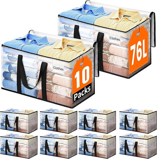 Extra Large Heavy Duty Moving Bags, Storage Bags with Strong Zippers & Handles, Packing Bags for Moving Essentials, Ideal Storage Tote for Home, Dorm & Storage Solutions, 76L-10 Packs, Clear