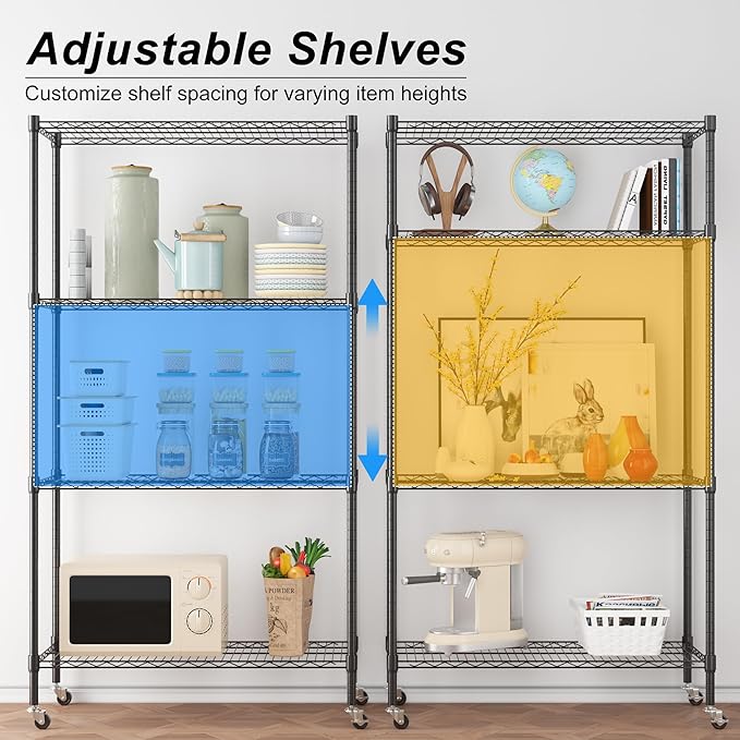Homdox Heavy Duty 4-Tier Metal Shelving Unit with Adjustable Shelves, Rolling Storage Rack for Kitchen, Garage, Pantry, 36.02"x17.91"x74.41", Black