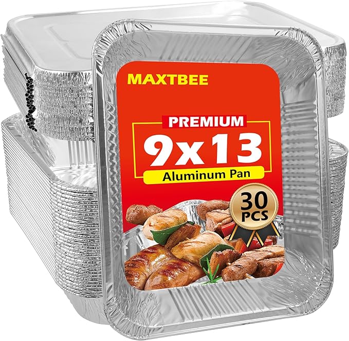 MAXTBEE 9x13 Aluminum Foil Pans with Lid, 30 Pack Disposable Trays Half Size Heavy Duty Tin Pans Deep Food Containers For Cooking, Meal Prep, Baking, Roasting, Chafing, Heating or Steam Table