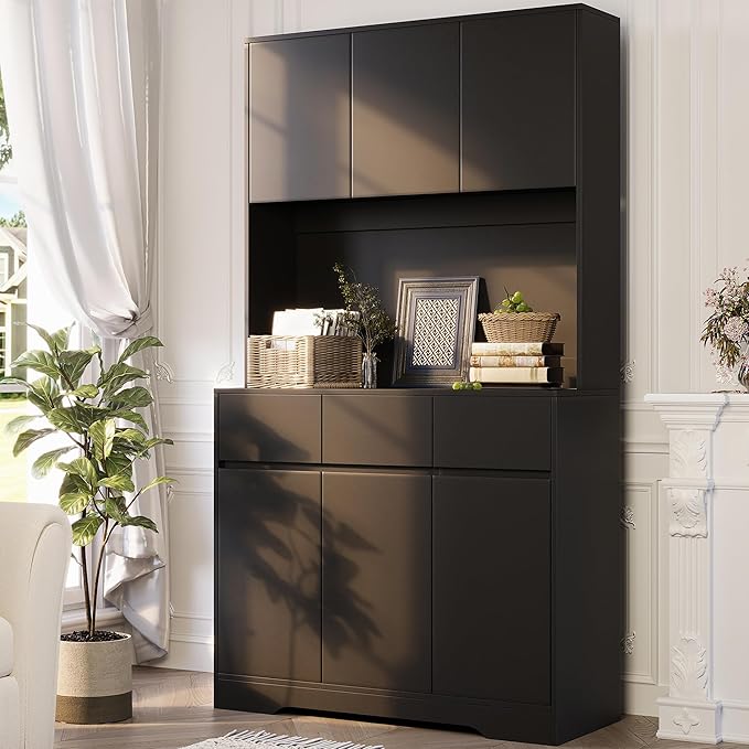 NBYSGO 71" Pantry Cabinet with Charging Station and LED Lights, Tall Kitchen Pantry Storage Cabinet with Microwave Stand, Modern Hutch with Storage Drawers for Dining Room, Living Room, Black