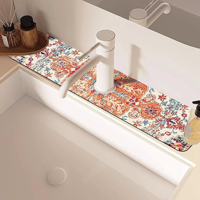 Oriental Turkish Carpet Pattern Red Dish Drying Mat for Kitchen Sink Splash Guard Behind Faucet Sink Mat Absorbent Fast Drying Faucet Draining Mat for Bathroom Kitchen 5.5"×24"