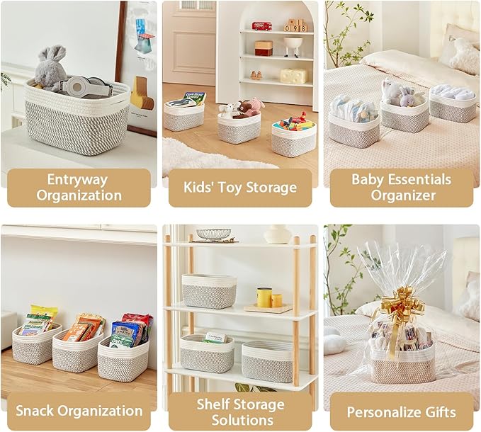 R RUNKA Small Cotton Rope Basket – Storage Bin for Organizing (10.6" x 6.7" x 6.7"), Bathroom Storage Basket for Shelf, Counter & Closet（White & Mixed Grey）