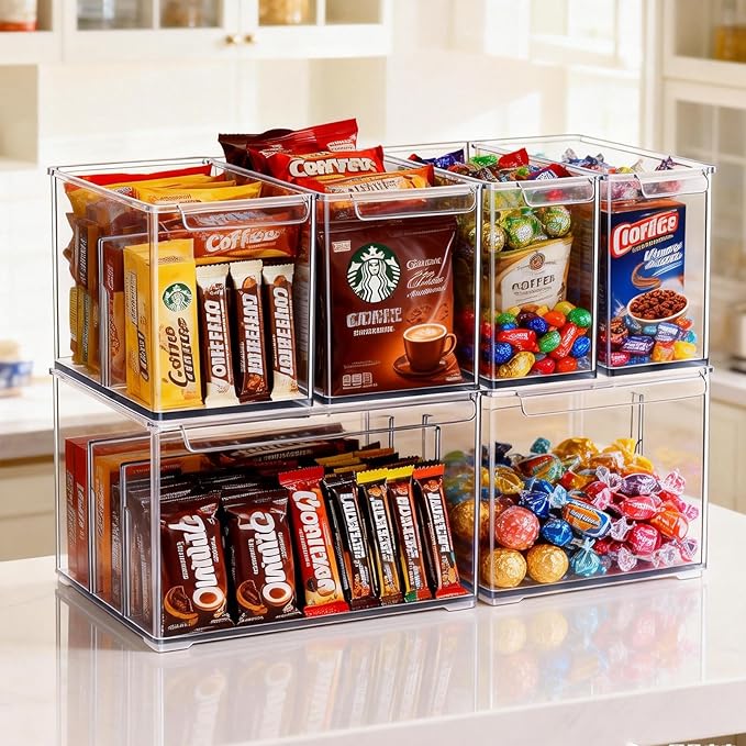 Clear Plastic Storage Bins with Dividers for Kitchen Pantry Organization, 6 Pack Thicken Stackable Storage Container Boxes for Refrigerator Cabinets Vanity Organizers and Storage, C6-3