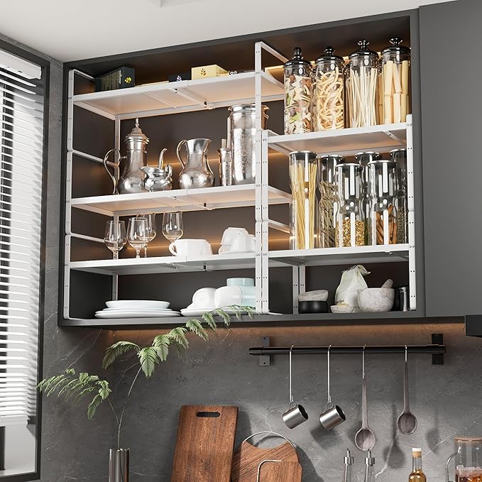 taiheis 16.5~27.1" Expandable Shelf Organizer, 1Pack 10.2" Wide Stackable Cabinet Shelf Organizers, White Metal Sturdy Kitchen Counter Storage for Countertop, Adjustable Height Spice Rack