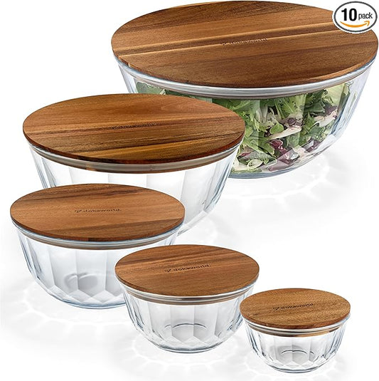 dokaworld Large Stackable Set of 5 Nesting Glass Bowls with Acacia Lids for Foodprep, Storage, Baking, Sourdough Mixing & Cooking. Microwave & Oven Safe Heat Resistant Inert Borosilicate Glass