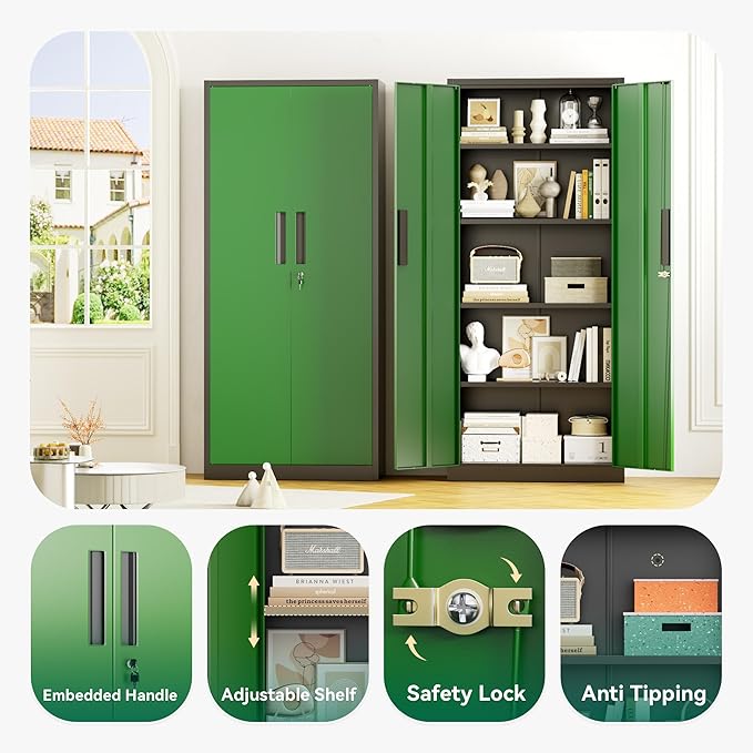 Greenvelly Metal Cabinet, 63”Tall Kitchen Pantry Storage Cabinets with 2 Lock Doors and 4 Adjustable Shelves,Black Green Kitchen Cabinet Storage for Dinning Room,Garage,Office