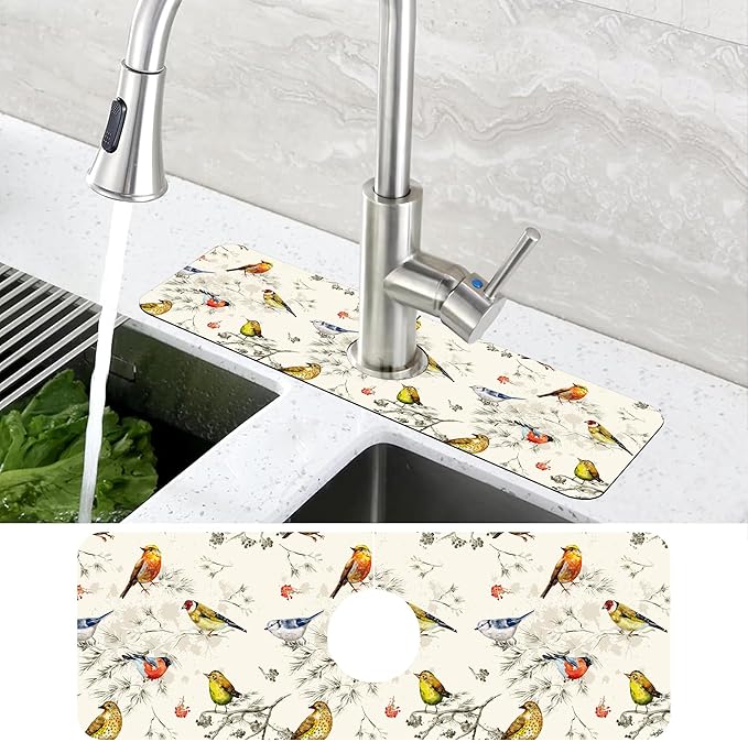 Vintage Watercolor Birds Dish Drying Mat for Kitchen Sink Splash Guard Behind Faucet Sink Mat Absorbent Fast Drying Faucet Draining Mat for Bathroom Kitchen 5.5"×15"