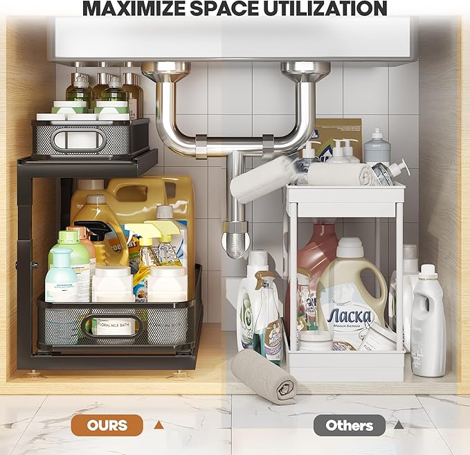 Biboraya 2-Pack 21.3 IN Depth Under Sink Organizer With Next-Gen Ball-Bearing Slides,Sophisticated Mesh 2-Tier Pull Out Shelf for Kitchen & Bathroom,Fits Small Items-Black