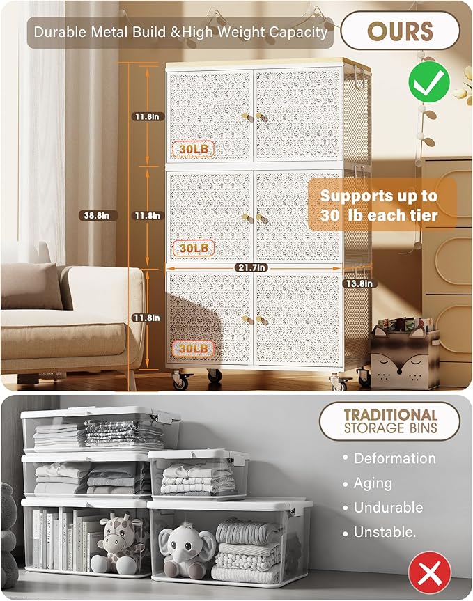 3 Tier Metal Storage Cabinet with wheels, Storage Bins with Magnetic Doors, Storage Cart for Living Room, Bedroom, Bathroom, Laundry, Kitchen