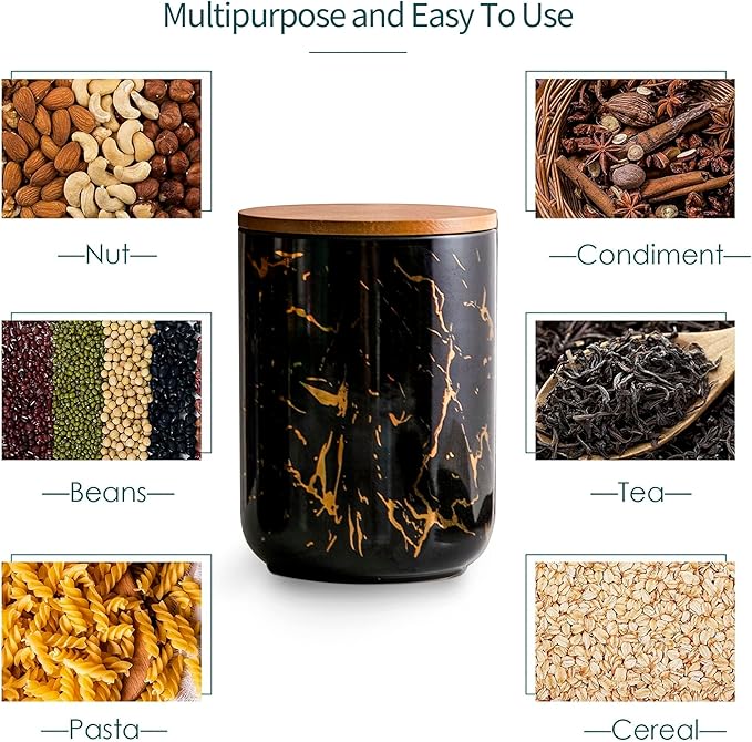 Ceramic Canister Set of 3 for Kitchen Countertop Storage, Black Food Storage Containers Jars with Airtight Wood Lids for Flour, Sugar, Coffee, Tea & Spices, Modern Countertop Decor