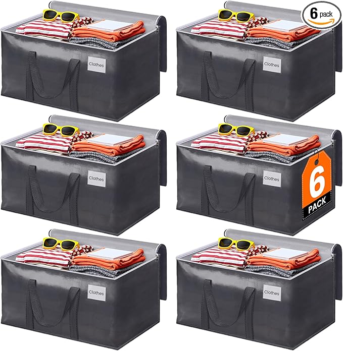 6 Pack Moving Bags Heavy Duty, Moving Boxes, Storage Bags with Zipper & Handles & Tag for College & Dorm Moving Supplies Grey Laundry Hamper Bag, Foldable Space-saving Totes (76L, Grey)