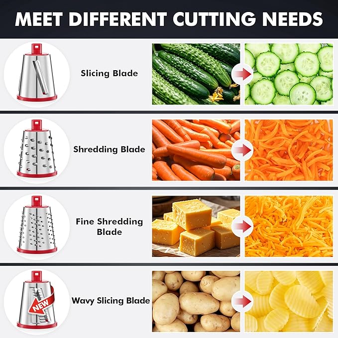 Geedel Rotary Cheese Grater - Upgraded Vegetable Shredder with 4 Interchangeable Blades, Easy to Clean Cheese Shredder with Handle, Kitchen Grater Nuts Grinder for Cutting Cheese, Vegetable, Nuts