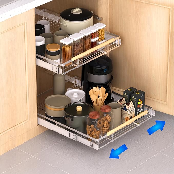 KIKIBRO Pull Out Drawer Cabinet Organizer, Expandable Slide Out Storage Shelves - Heavy Duty, Durable and Smooth Slide-Out, 17" x 28" Wide x 22.5" Deep, 2 Pack