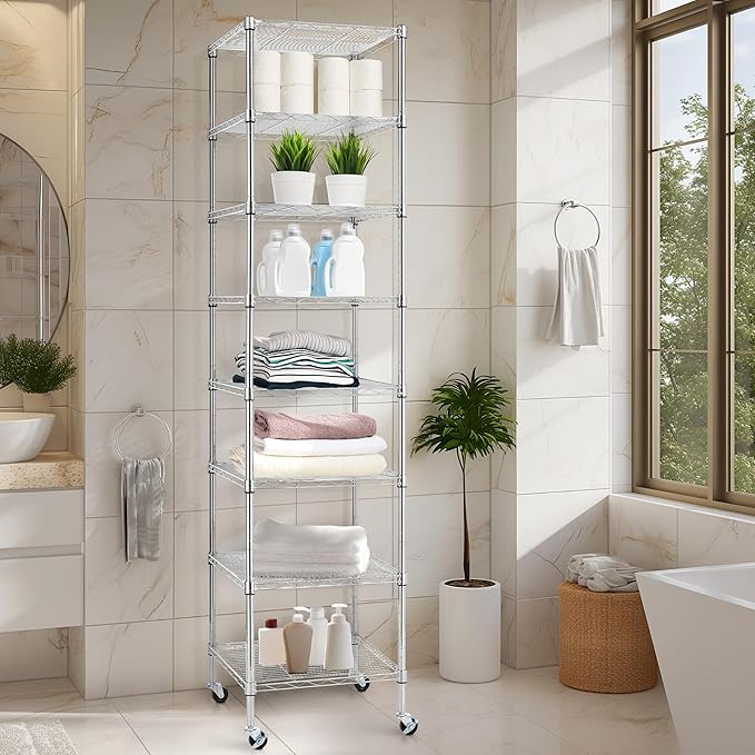 Finnhomy Heavy Duty 8 Tier Wire Shelving with Wheels 18x18x78.7-inches 8 Shelves Metal Storage Rack Thicken Steel Tube, Pantry Shelves for Storage, Adjustable Shelving Unit, NSF Certified, Chrome