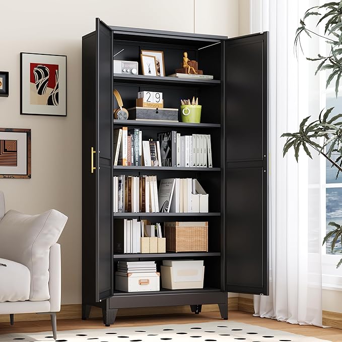 PAOFIN Kitchen Pantry Storage Cabinet with Doors and Adjustable Shelves, Metal ClosetMaid Food Pantry Cabinets, 75" Tall Freestanding Cupboard for Kitchen, Laundry or Utility Room, Black