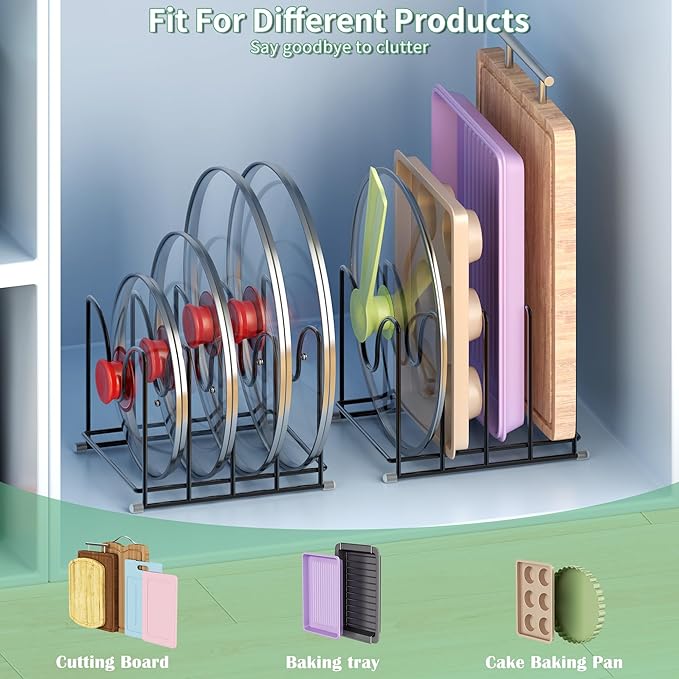 PLUVON Pot Lid Organizer Rack,1.6in Wide Cutting Board Organizer for Pan Lids,Baking Sheets,Cookie Sheets, with 4 Slots,Cutting Board Holder Rack(1PC-Large)