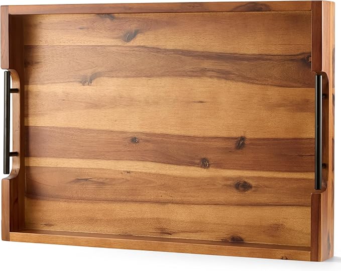 TIDITA 20 Inch Acacia Wood Ottoman Tray for Living Room - Coffee Table Trays, Serving Tray with Handles for Ottoman Table, Decorative Trays for Home Decor, Charcuterie Boards (Acacia Color)