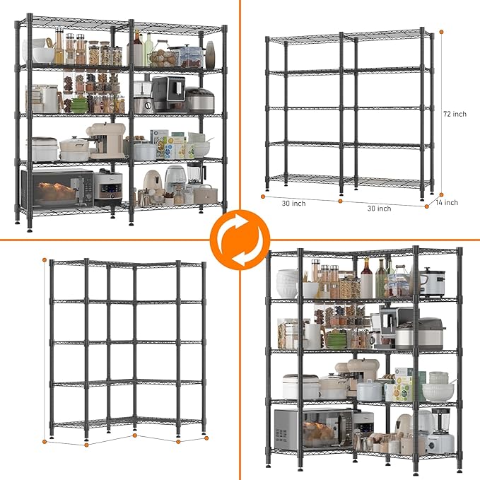 Homdox 5 Tier Storage Shelves Wire Shelving Unit Metal Shelves for Storage Heavy Duty Garage Shelf Pantry Shelves Kitchen Shelving, 14"x60"x72", Black