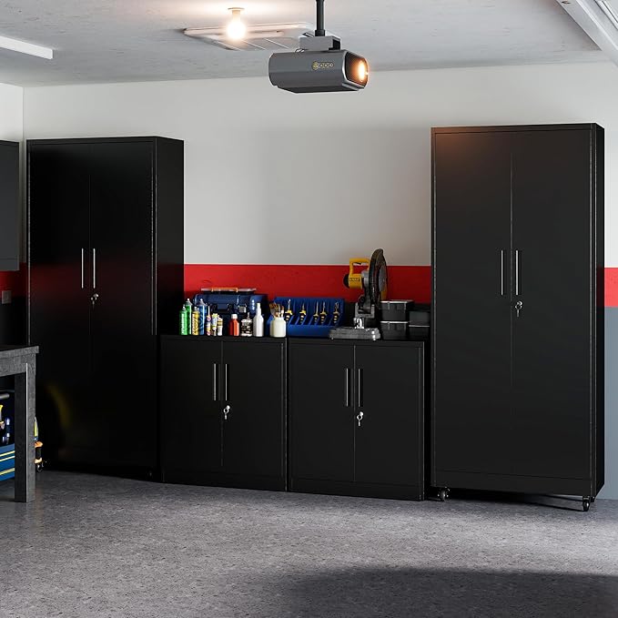 BIZOEIRON Garage Metal Storage Cabinet with Lock, 71'' Tall Storage Cabinet with Adjustable Shelves and Doors, Rolling Tool Cabinet on Wheels for Garage, Utility Room