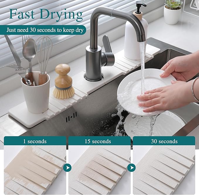 Stone Faucet Mat for Kitchen Sink,Stone Sink Mat for Kitchen Faucet – Fast Drying Diatomite Mat Splash Guard with Drain Grooves,Quick Dry Drip Catcher for Bathroom & Kitchen(15.75×3.94in)