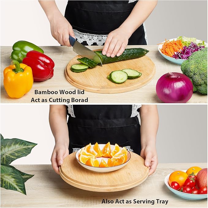 ECOHAGOU 12.6" Extra Large Salad Serving Bowl Set with Wooden Lid&Utensils, 8.4Qt., Bamboo Fiber Salad Bowl with Servers for Kitchen, Big Bowl for Mixing Salad,Fruit,Pasta (Matte Black)