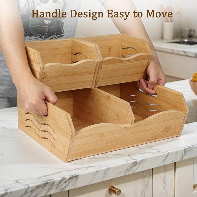 3 Pieces Bamboo Pantry Storage Bins, Stackable Pantry Baskets with Handle, Kitchen Potato and Onion Storage Bin, 2 Tiers Pantry Organizer for Produce, Fruits, Vegetable