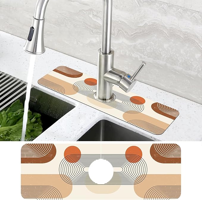 Abstract Minimalistic Geometric Sink Faucet Absorbing Mat Sink Splash Guard Faucet Mat Draining Mat Fast Drying Sink Protectors for Kitchen and Bathroom 5.5"×15"