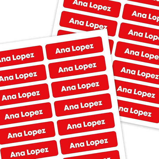 Mini Labels 1.5”x0.4” - 99 Pack Custom Name Stickers - Personalized Waterproof Name Labels for Bottles, Food Containers, School Supplies and More – Dishwasher & Microwave Safe – Red