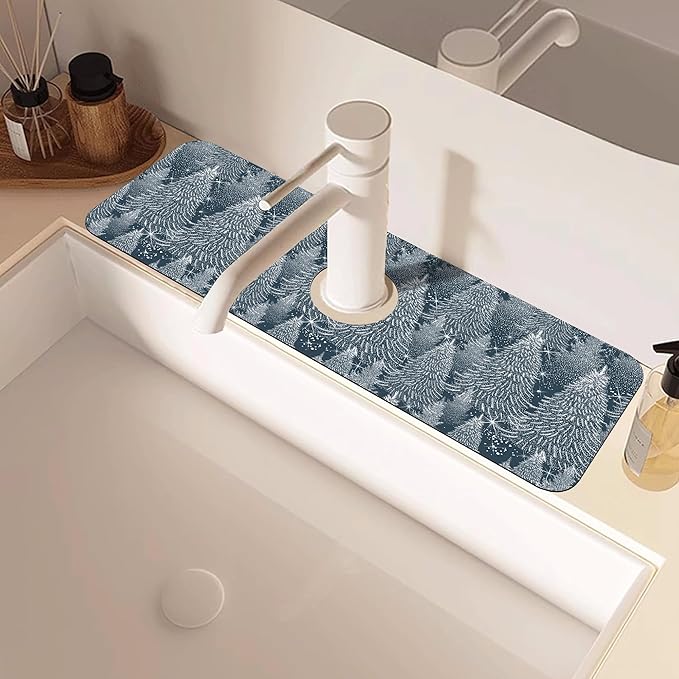 Christmas Forest Sink Faucet Absorbing Mat Pine Spruce Sink Splash Guard Faucet Mat Draining Mat Fast Drying Sink Protectors for Kitchen and Bathroom 5.5"×15"
