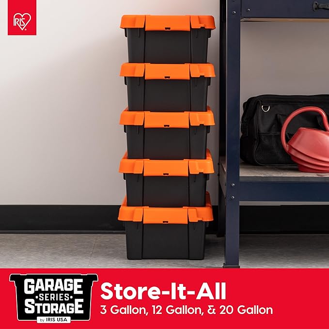 IRIS USA 3 Gallon Lockable Storage Bins with Lids, 5 Pack - Made in USA, Heavy Duty, Stackable Containers, Garage Organizing Bins Moving Tubs, Rugged Sturdy Equipment Utility Box - Black/Orange