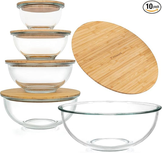 dokaworld Stackable Space-Saving Set of 5 Nesting Glass Bowls with Bamboo Lids for Foodprep, Storage, Baking, Mixing & Cooking, Microwave & Oven Safe BPA Free Heat Resistant Inert Borosilicate Glass