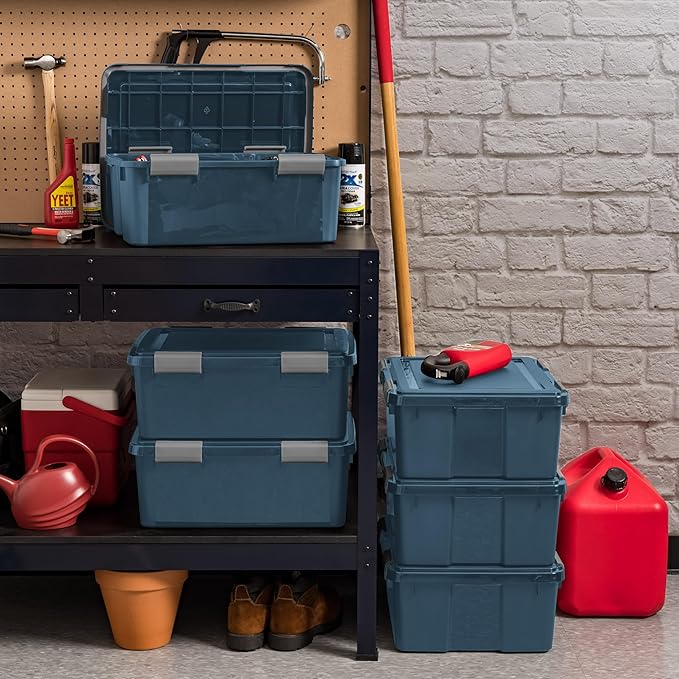 IRIS USA WeatherPro 31 Qt Eco-Friendly Storage Bins with Lids, 4 Pack, BPA-Free Plastic Gasket Box with Tight Latch and Seal, Stackable Nestable Tote Tub - Navy