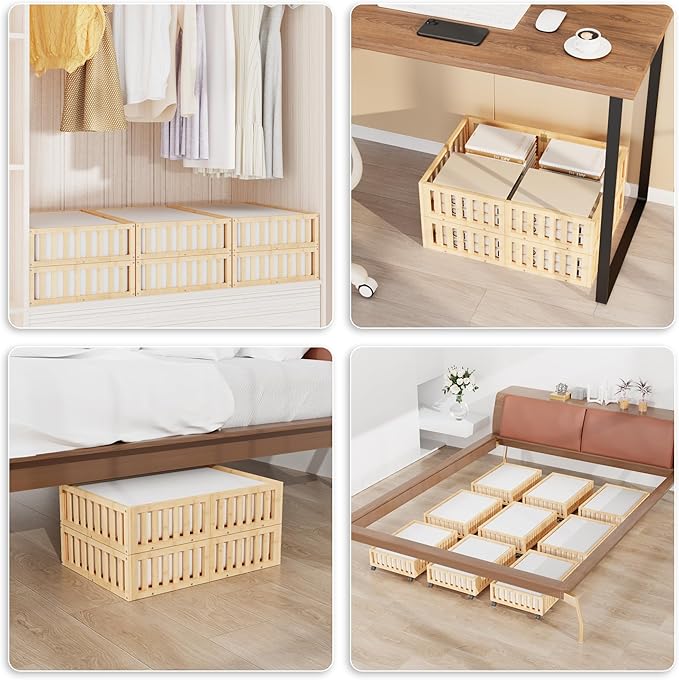 Bamboo Under Bed Storage with Wheels,Rolling Underbed Shoe Organizer Box for Shoes,Blankets,Toys,Clothes Container Space-Saving Bins for Bedroom,Closet,Dorm,Nursery