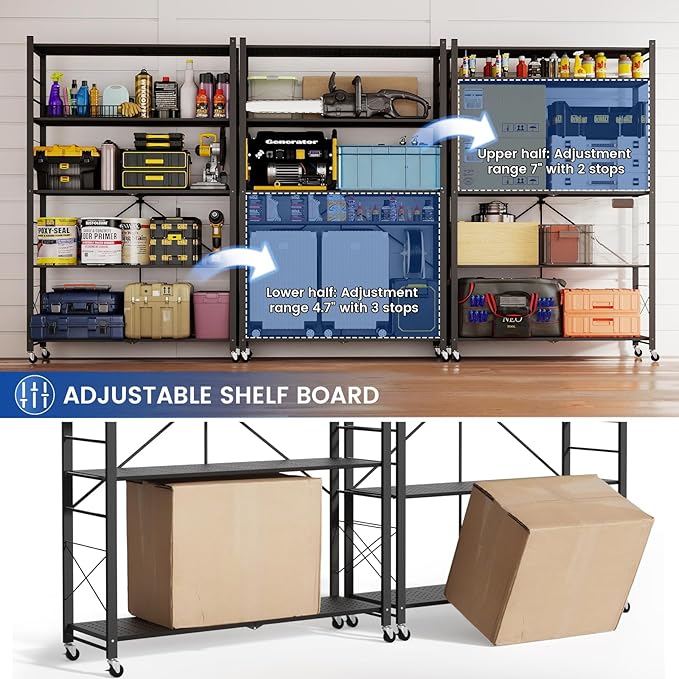 ALANNG 40" W Foldable 5-Tier Storage Shelves with Wheels, Adjustable & Removable Metal Rack, Heavy Duty Rolling Organizer for Kitchen, Garage, Closet, Pantry, and Office (Black,2 Pack)