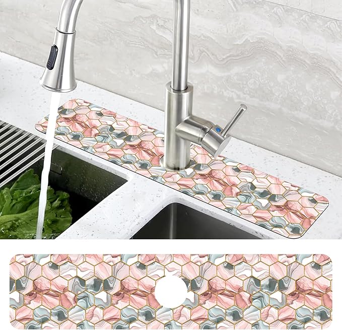 Abstract Gray and Red Hexagon Sink Faucet Absorbing Mat Sink Splash Guard Faucet Mat Draining Mat Fast Drying Sink Protectors for Kitchen and Bathroom 5.5"×24"