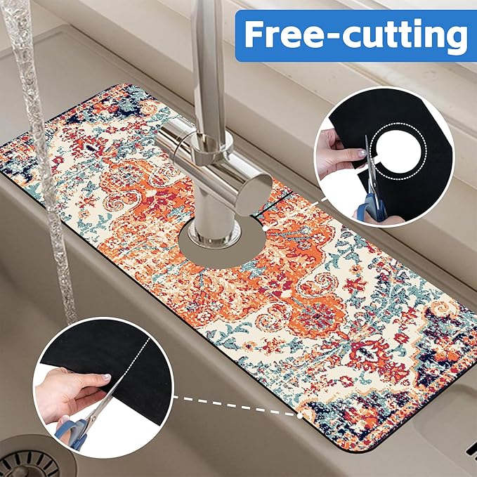 Oriental Turkish Carpet Pattern Red Dish Drying Mat for Kitchen Sink Splash Guard Behind Faucet Sink Mat Absorbent Fast Drying Faucet Draining Mat for Bathroom Kitchen 5.5"×15"