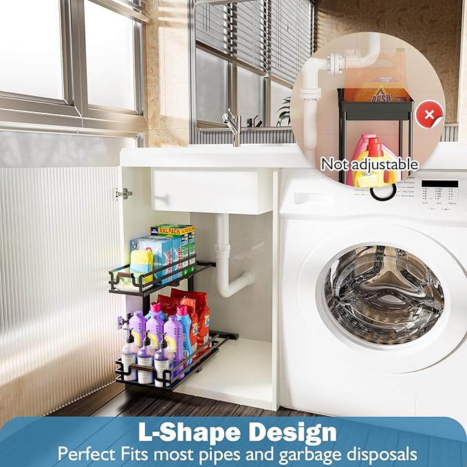 BXINREDA Under Sink Organizers, 2 Tier Slide Out Under Sink Organizers, Under Sink Storage for Bathroom Kitchen (1 Pack)