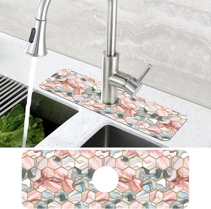 Abstract Gray and Red Hexagon Sink Faucet Absorbing Mat Sink Splash Guard Faucet Mat Draining Mat Fast Drying Sink Protectors for Kitchen and Bathroom 5.5"×15"