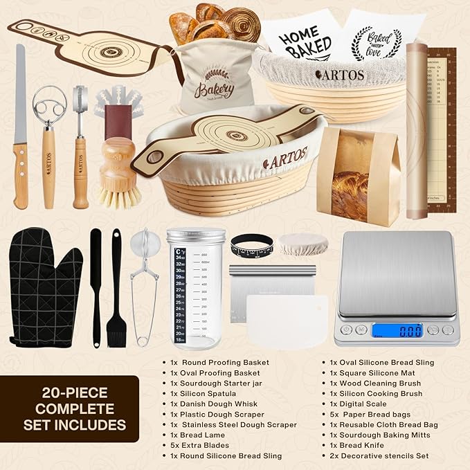 ARTOS ULTIMATE Sourdough Starter Kit | Banneton Bread Proofing Baskets with Bread Making Tools | Sourdough Bread Baking Supplies with Silicone Slings, Mat, Whisk, Scrapers Lame, Jar, Scale & Many More