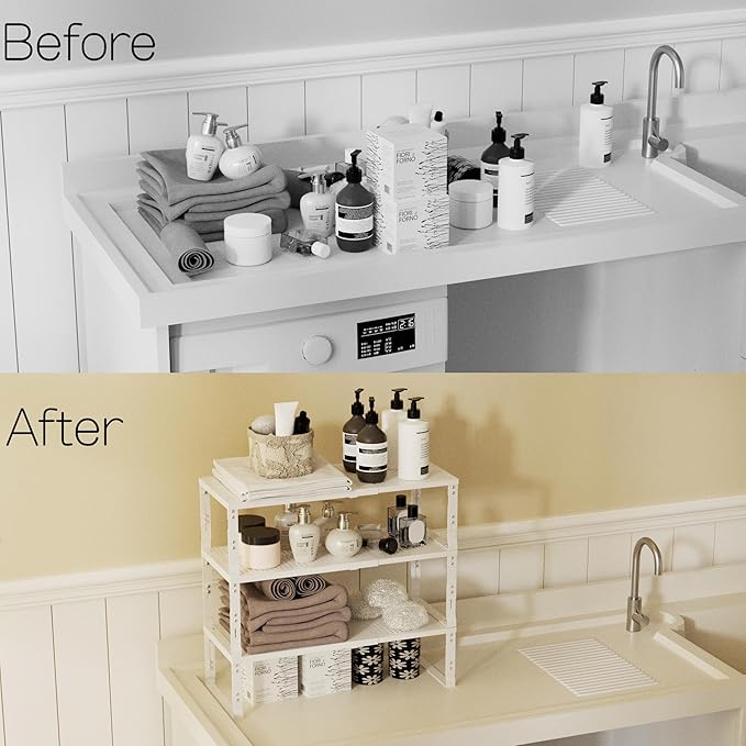 Zilvando Heavy-Duty Adjustable Metal Shelf Organizer - Expandable & Stackable Pantry Storage Rack for Kitchen, Bathroom, RV, Cabinets(2 Packs/White, Medium)
