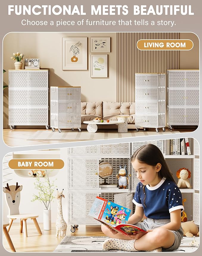 3 Tier Metal Storage Cabinet with wheels, Storage Bins with Magnetic Doors, Storage Cart for Living Room, Bedroom, Bathroom, Laundry, Kitchen
