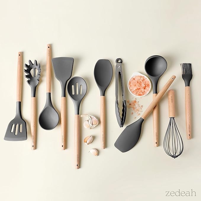 ZEDEAH 11-Piece Silicone Kitchen Utensils Set with Non Toxic Spatula, Tongs, Whisk, Turner & Ladle – Heat Resistant, Non-Scratch Cooking Tools with Wooden Handles, BPA-Free, Dishwasher Safe (Black)