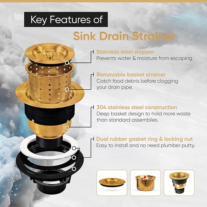 Strictly Sinks Sink Drain Strainer with Removable Basket - 3-1/2 Inch Stainless Steel Round Kitchen Sink Drain Assembly Kit with Deep Strainer Basket & Stopper (Gold)