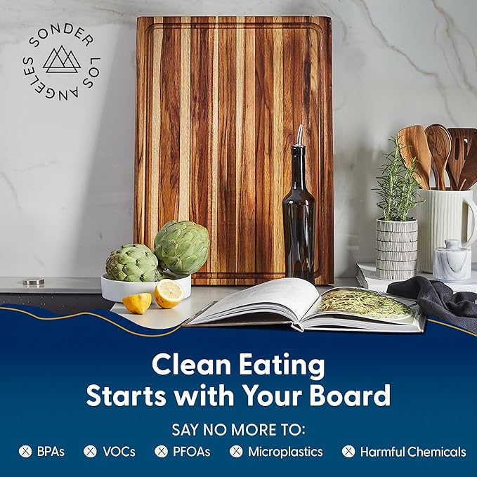 Sonder Los Angeles Highland Extra Large Cutting Board | Teak Edge Grain Cutting Board for Kitchen with Juice Groove | Perfect for Charcuterie | Gift Box Included | 23x17x1.5 in