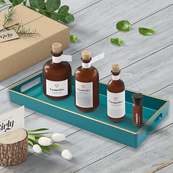 Leemxiiny Green Bathroom Vanity Tray for Countertop, Small Plastic Toilet Tank Versatile Storage & Organization Tray for Makeup, Perfume, Desk, Kitchen, Candles, 13.7"x6"x1.4", 35GR