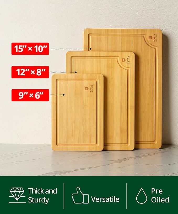 ROYAL CRAFT WOOD Bamboo Cutting Board Gift Set – 3-Piece Reversible Wooden Boards with Deep Juice Groove & Handles – Premium Charcuterie & Butcher Blocks for Kitchen – Holiday Gift-Ready Packaging